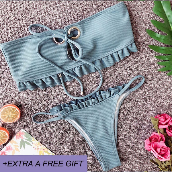 Sexy High Waist Bikini Set Women Swimsuit New Style Bottom Belt Decoration Swimwear Khaki&Red Summer BeachWear Biquini Swimming