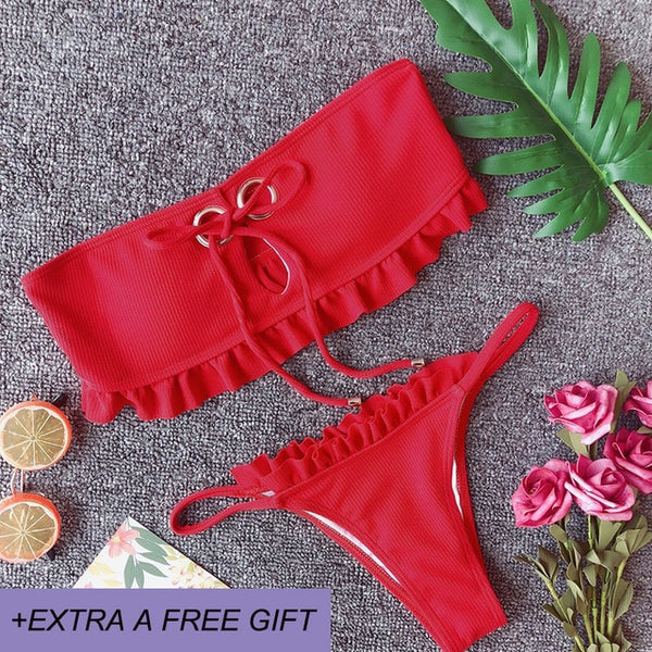 Sexy High Waist Bikini Set Women Swimsuit New Style Bottom Belt Decoration Swimwear Khaki&Red Summer BeachWear Biquini Swimming