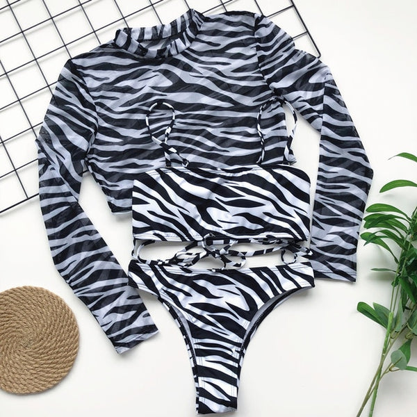 In-X Leopard swimsuit 3 pieces bandage sexy bikini 2020 Bandeau swimwear women Mesh crop top Bathing suit women bathers Biquini