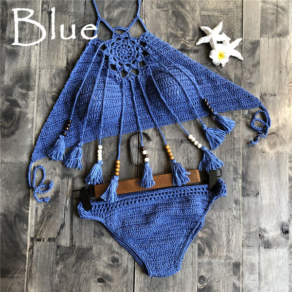 CROCHET BIKINI Sexy Halter Tie Knitting New Beach Swimwear Halter Beaded Tassel Crop Top Brazil Bikini Swimsuit Bathing Suit