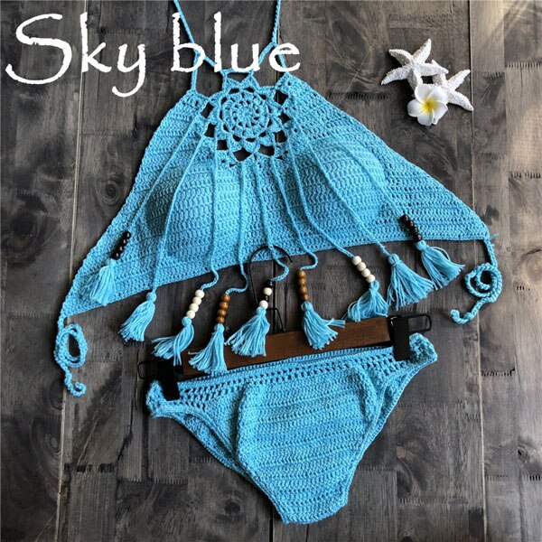 CROCHET BIKINI Sexy Halter Tie Knitting New Beach Swimwear Halter Beaded Tassel Crop Top Brazil Bikini Swimsuit Bathing Suit
