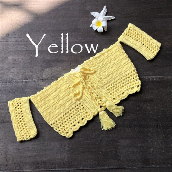 2019 Women Bikini Top Bandage Hollow-out Tassel Swimsuit With Sleeves Summer Crochet Lace Top Swimwear