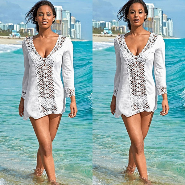 Women Summer V-Neck Lace Crochet Hollow Bikini Cover Up Swimwear Bathing Suit Beach Dress Tops Beachwear