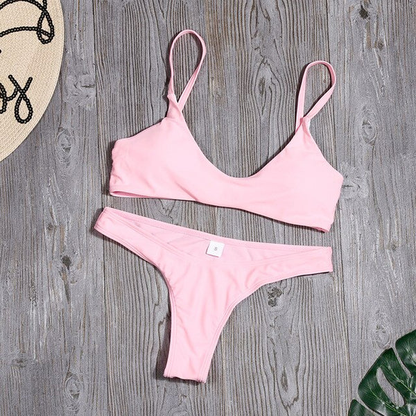 Women Solid High Cut Swimsuit Sexy Brazilian Bikinis Bathing Suit Low Waist Swimwear Summer Female Halter Top Beach Wear Biquini