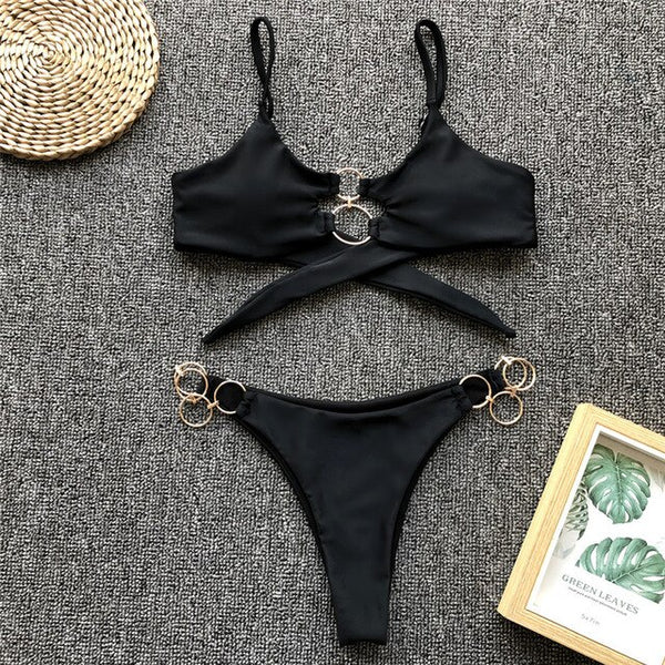 In-X Ring high cut bikini 2020 Black swimsuit female Push up swimwear women bathers Halter top Triangle top summer bathing suit