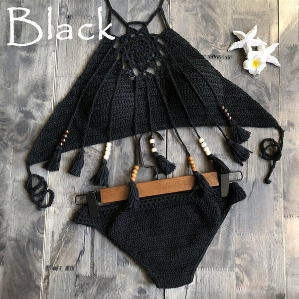 CROCHET BIKINI Sexy Halter Tie Knitting New Beach Swimwear Halter Beaded Tassel Crop Top Brazil Bikini Swimsuit Bathing Suit