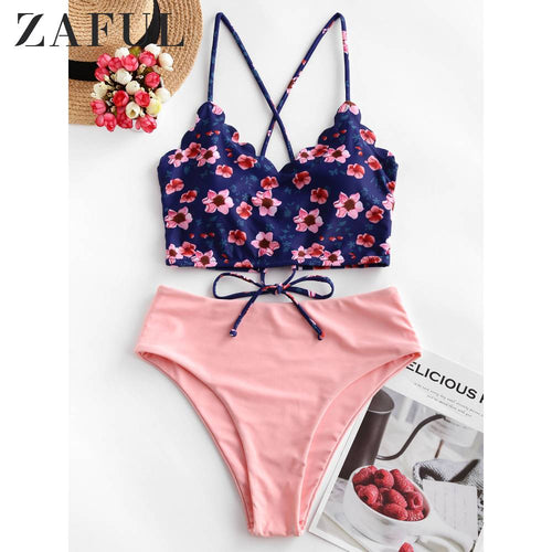 ZAFUL Floral Scalloped Crisscross High Waisted Tankini Swimsuit Removable Padded Spaghetti Straps Tankini Sets Crop Top Swimwear