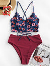ZAFUL Floral Scalloped Crisscross High Waisted Tankini Swimsuit Removable Padded Spaghetti Straps Tankini Sets Crop Top Swimwear