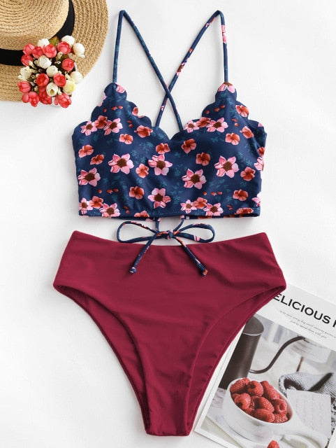 ZAFUL Floral Scalloped Crisscross High Waisted Tankini Swimsuit Removable Padded Spaghetti Straps Tankini Sets Crop Top Swimwear