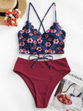 ZAFUL Floral Scalloped Crisscross High Waisted Tankini Swimsuit Removable Padded Spaghetti Straps Tankini Sets Crop Top Swimwear