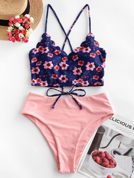ZAFUL Floral Scalloped Crisscross High Waisted Tankini Swimsuit Removable Padded Spaghetti Straps Tankini Sets Crop Top Swimwear