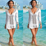 Women Summer V-Neck Lace Crochet  Hollow Bikini Cover Up Swimwear Bathing Suit Beach Dress Tops Beachwear